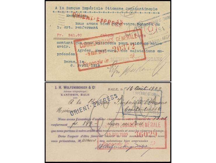 1909/12, "ORIENT-EXPRESS", L1 in rot bzw. blau rückseitig auf 2 Karten aus der Schweiz nach Konstantinopel, eine fehlerhaft