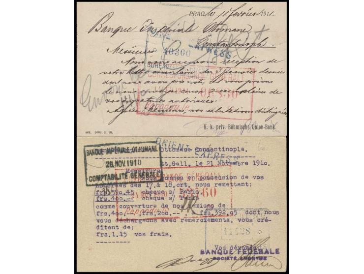 1910/11, "ORIENT-EXPRESS", L1 in blau rückseitig auf 2 Karten von Österreich bzw. der Schweiz nach Konstantinopel, einmal sch