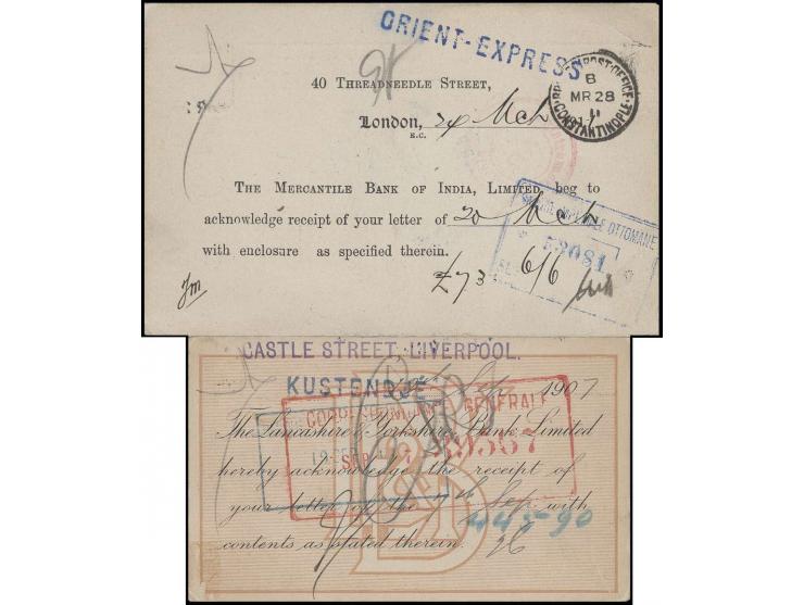 "ORIENT-EXPRESS" und "KUSTENDJE", je L1 in blau auf 2 Karten von London bzw. Liverpool nach Konstantinopel mit Ankunftsstempe