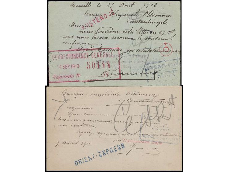 1911/12, "ORIENT-EXPRESS" in blau sowie "KUSTENDJE" in rot, je L1 rückseitig auf 2 Karten von Frankreich nach Konstantinopel,