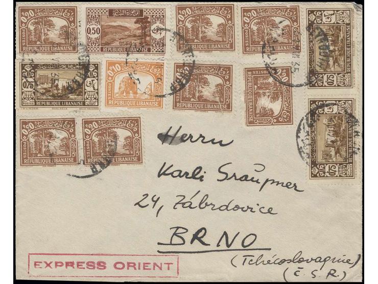 1935, "EXPRESS ORIENT", roter Ra. auf Brief von Beirut nach Brünn mit vorder- und rückseitiger Frankatur, etwas rauh geöffnet