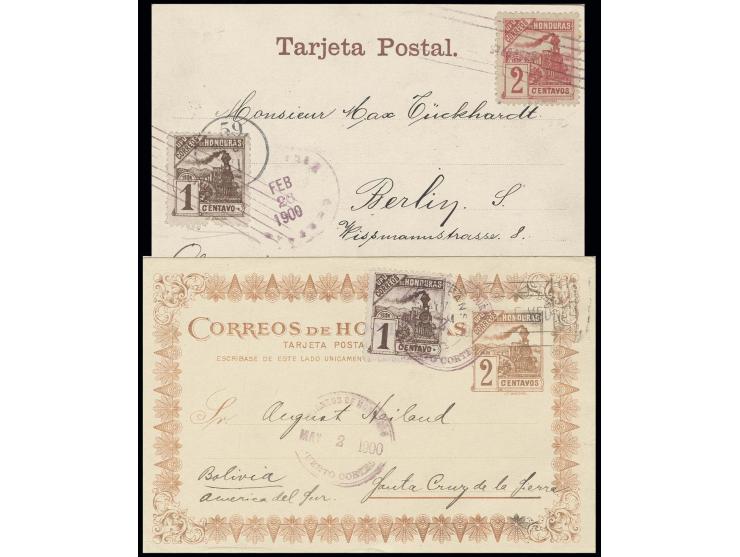 1898, UPU-Eisenbahnausgabe 1 C. als Zufrankatur auf wertstufengleicher Ganzsachenkarte 2 C. nach Bolivien sowie 1 C. (etwas f