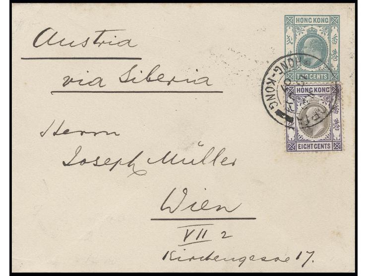 1904, Eduard 8 C. als Zufrankatur auf Umschlag 2 C. von "HONGKONG 15 JY 07" mit Leitvermerk "via Siberia" nach Wien mit Trans