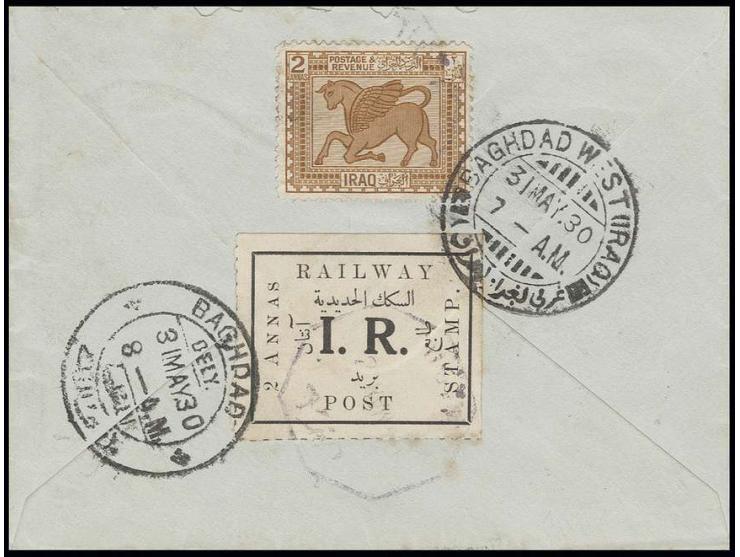 1930, Bahnpostmarke "RAILWAY STAMP 2 ANNAS" mit Zufrankatur rückseitig auf Brief von Bagdad West nach Bagdad