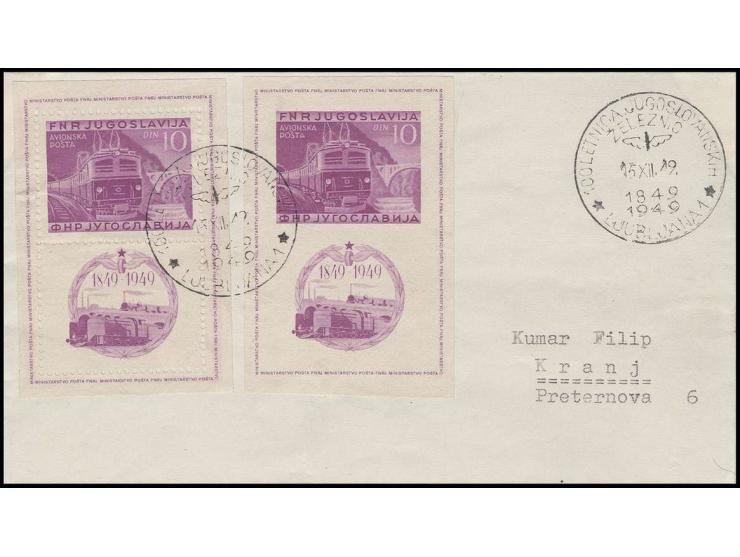 1949, Eisenbahn-Blockpaar auf adressiertem FDC sowie UPU 3-12 Din. auf R-FDC in die USA und 1938, Eisenbahner-Krankenhaus 1-3