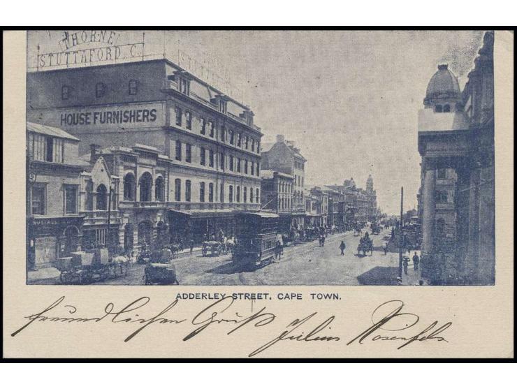 1898, Bild-Ganzsachenkarte ONE PENNY grau mit rückseitigem Bildzudruck "ADDERLEY STREET. CAPE TOWN" mit Straßenbahn, gebrauch