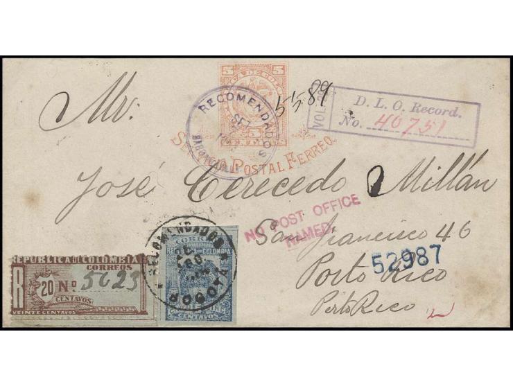 1903, Ganzsachenumschlag "SERVICIO POSTAL FERREO" 5 C. mit vorder- und rückseitiger Zufrankatur als R-Brief nach Puerto Rico 