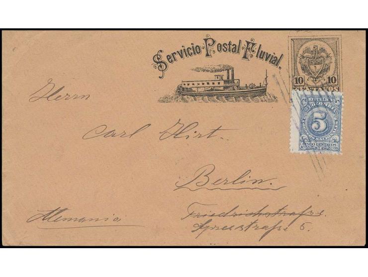 1904, Ganzsachenumschlag "Servicio Postal Fluvial" 10 C. schwarz mit Zufrankatur 5 C. blau von Barranquilla nach Berlin mit A