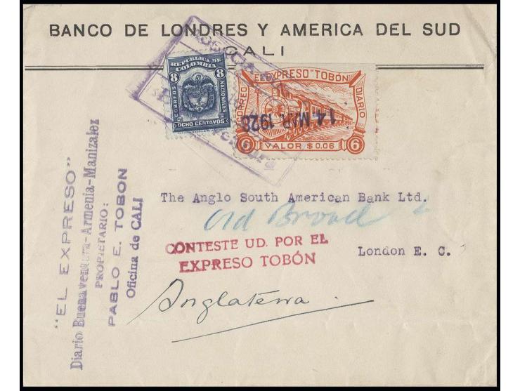 1928, "EXPRESO TOBÓN" 6 C. orangerot zusammen mit Staatspost-Marke 8 C. blau (beim Aufkleben oben links umgeschlagen) mit übe
