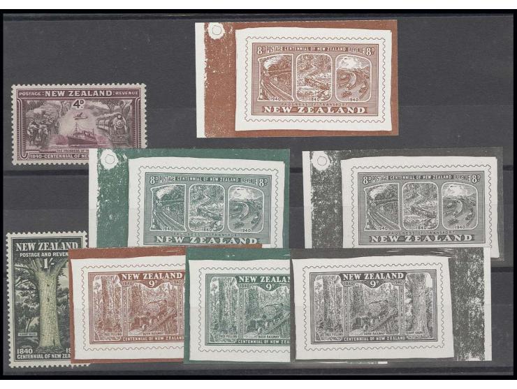1940, Jahrhundertfeier, Essay-Farbproben für nicht verausgabte Zeichnungen der Werte 8 P. und 9 P. jeweils in braun, grün und