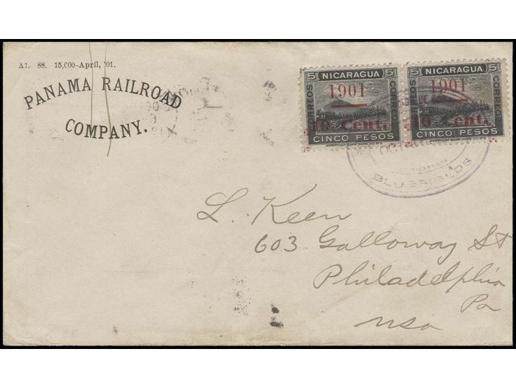 1901, Aufdruckmarke 10 C. auf 5 P. (Eisenbahn vor Vulkan Momotombo), Aufdrucktype II, mit violettem Ovalstempel auf Briefkuve