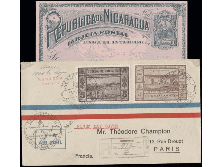 Leon-El Sauce 5 C. und Luftpostmarke 25 C. sowie rückseitig 2 Freimarken ½ C. und 2 C. mit Ersttagsstempel "CERTIFICADOS MANA