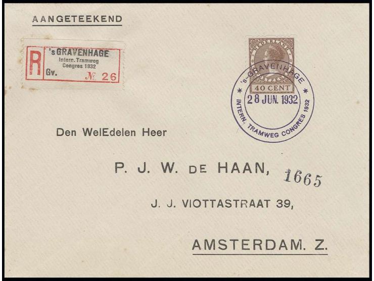 1932, "INTERN. TRAMWEG CONGRES 1932", violetter Sonderstempel vom 28. Juni auf Rollenmarke 40 C. auf R-Brief mit Sonder-R-Zet