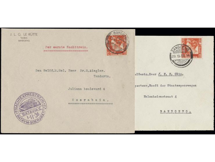 1936, Nachtexpresszug, Sonderbestätigungsstempel von Soerabaja bzw. Batavia C je auf Brief