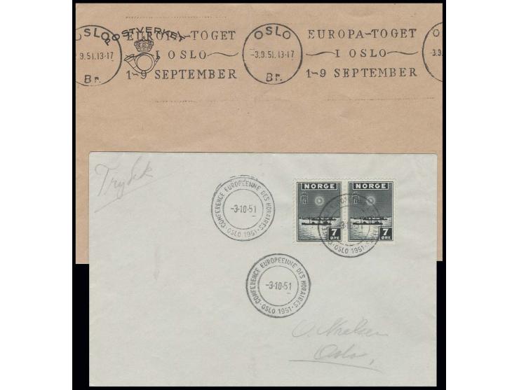 1951, Sonderstempel der europäischen Fahrplankonferenz auf adressiertem Umschlag sowie Werbestempel für den Europazug auf Pos