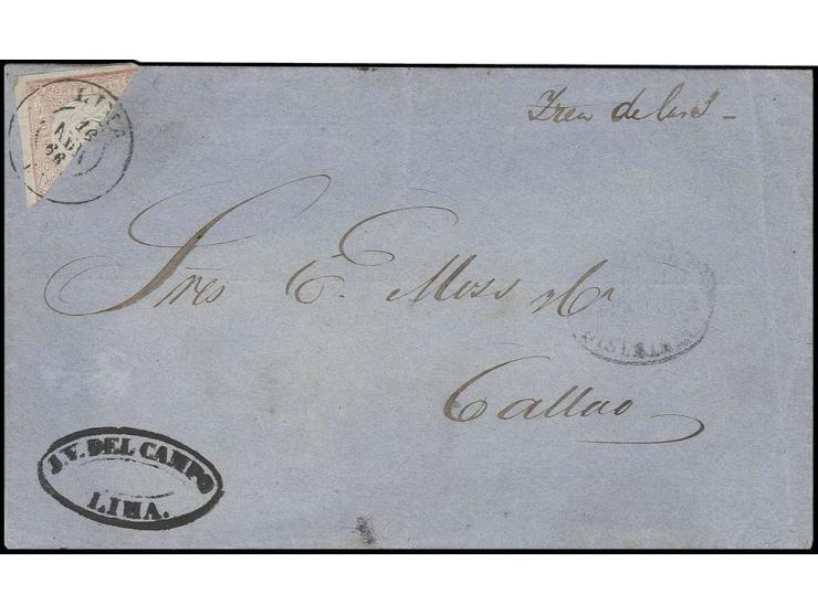1862/63, 1 Din. diagonal halbiert, zweiseitig mit breiten Rändern, mit DKr. "LIMA 16 ABR. 66" auf Briefhülle nach Callao mit 