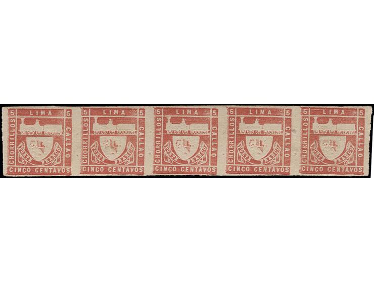 1870, 3. Lecoq-Ausgabe, sogenannte 'Eisenbahnmarke' 5 C. rot im waagerechten 5er-Streifen, allseits breite Ränder und sehr sc
