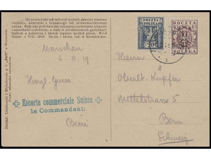 1919, 5. Polnischer Hilfszug von Buchs (St. Gallen) nach Warschau, Karte von Warschau nach Bern mit grünem L2 "Escorte commer