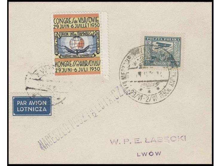 1930, 22. Internationaler Eisenbahnkongreß, Luftpostbrief mit Sonderstempel und entsprechender Vignette von Warschau nach Lem