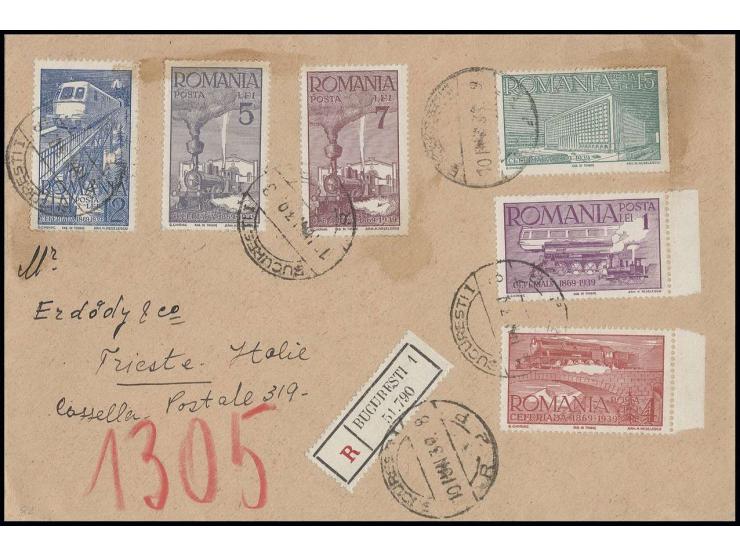 1939, 70 Jahre Rumänische Eisenbahn 1-15 L. kpl. mit Ersttagsstempeln auf R-Brief von Bukarest nach Triest mit Ankunftsstempe