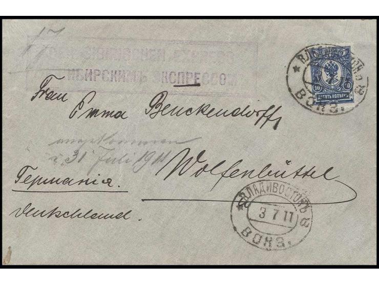 1911, zweisprachiger Leitstempel "PER SIBIRISCHEN EXPRESS" auf Brief mit Stempel "VLADIVOSTOK / VOKZ." nach Wolfenbüttel