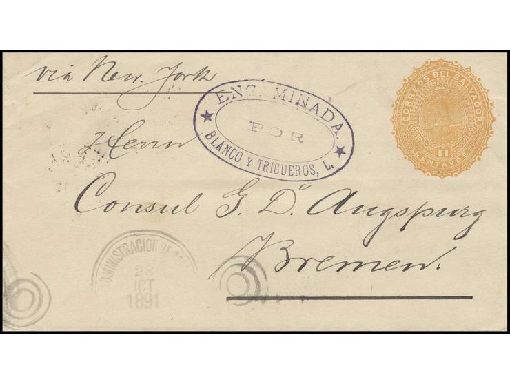 1891, Ganzsachenumschlag 11 C. orange (Lokomotive vor Vulkan) bedarfsgebraucht über New York nach Bremen, senkrecht gefaltet 