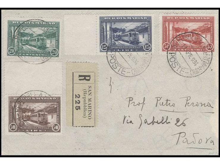 1932, Bahnstrecke Rimini-San Marino, Sonderausgabe 20 C.-5 L. kpl. auf R-Brief von San Marino 1934 nach Padua mit Transit- un
