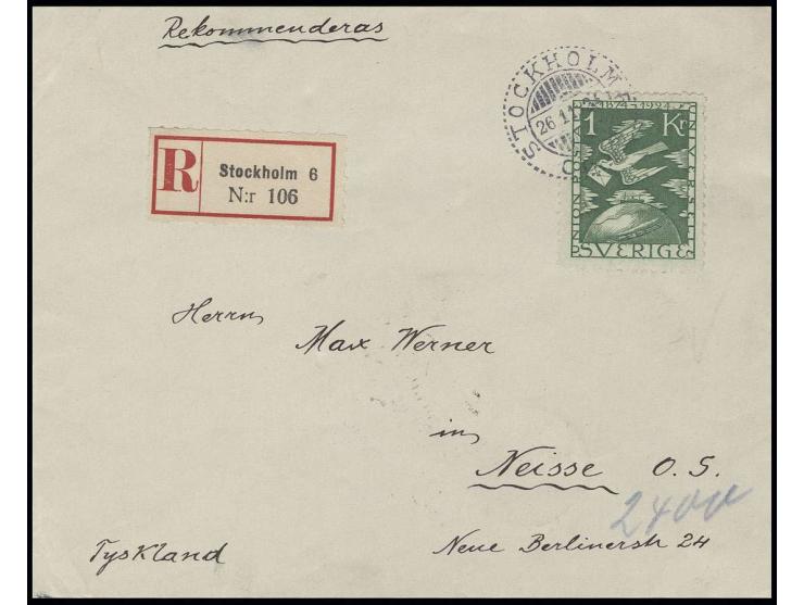 1924, UPU 1 Kr. als Einzelfrankatur auf R-Brief nach Neisse mit rückseitigem Bahnpoststempel "BERLIN-BRESLAU"