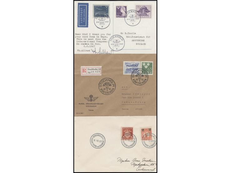1937, Europäische Fahrplankonferenz, Sonderstempel dreimal abgeschlagen auf Brief nach Östersund sowie Luftpostkarte mit der 