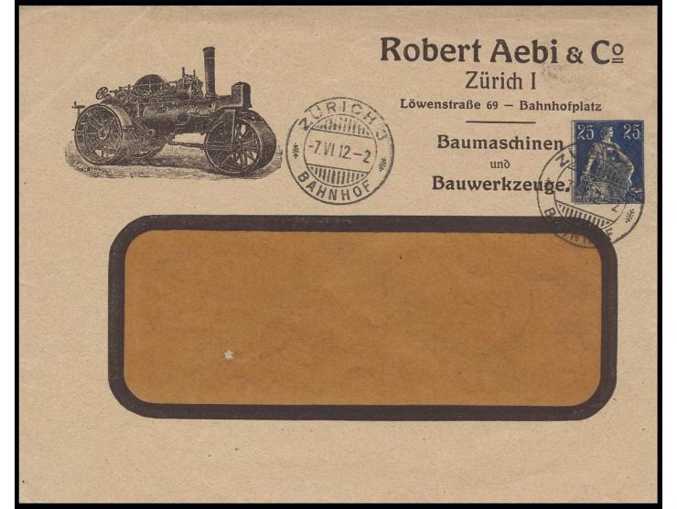 1912, Privat-Ganzsachenumschlag Sitzende Helvetia 25 C. der Fa. Robert Aebi & Co., Zürich, gebraucht (Fensterumschlag)