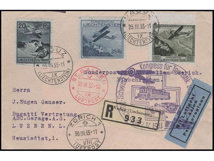 1933, "Schweiz. Kongress für Touristik und Verkehr Zürich 30.III-2.IV 1933", großer violetter Sonderstempel auf Luftpost-R-Br