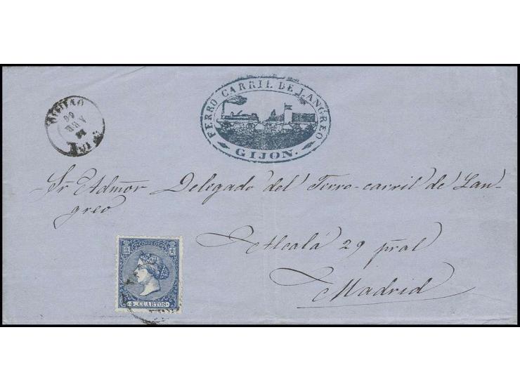 1866, Brief der privaten spanischen Eisenbahngesellschaft 'Ferrocarril de Langreo" mit dekorativem Absenderstempel, frankiert