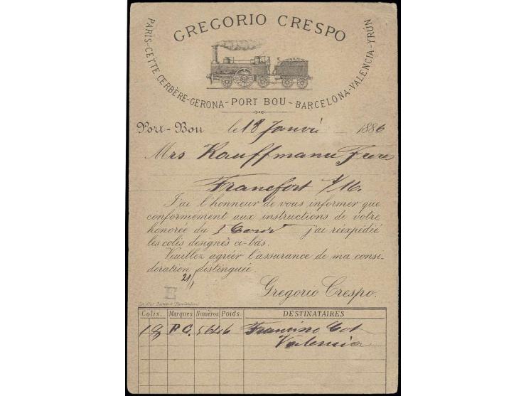 1886, Ganzsachenkarte Alfons XII 10 C. grau mit rückseitigem privatem Zudruck der Fa. Gregorio Crespo, von Port Bou nach Fran