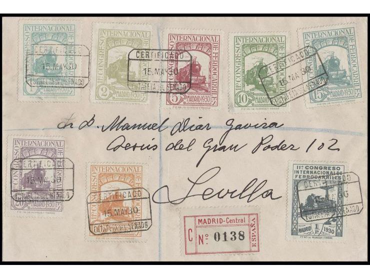 1930, Internationaler Eisenbahnkongreß 1-20 C., 50 C. und 1 Pta. mit Stempel "CERTIFICADO ESTAFETA DEL SENADO 15 MAY 30" auf 