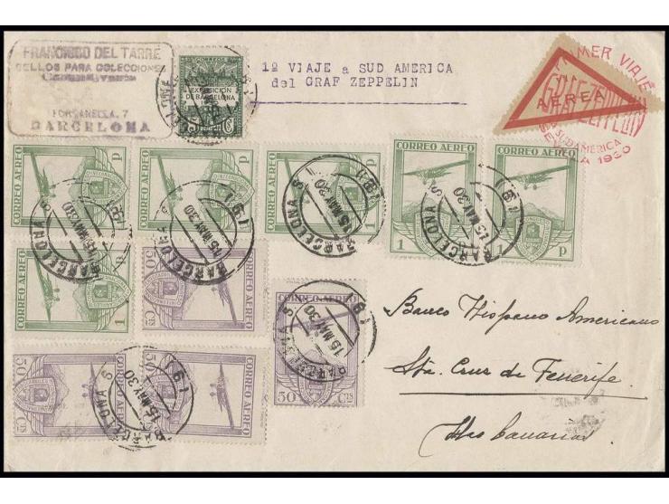 Eisenbahnkongreß-Flugpostausgabe 50 C. (4) und 1 Pta. (6) zusammen mit Zwangszuschlagsmarke für Barcelona auf Zeppelinbrief d