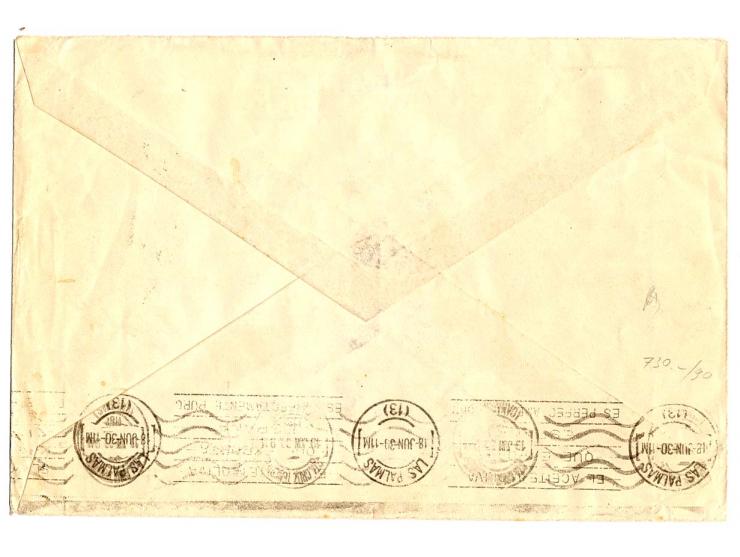 Eisenbahnkongreß-Flugpostausgabe 50 C. (4) und 1 Pta. (6) zusammen mit Zwangszuschlagsmarke für Barcelona auf Zeppelinbrief d