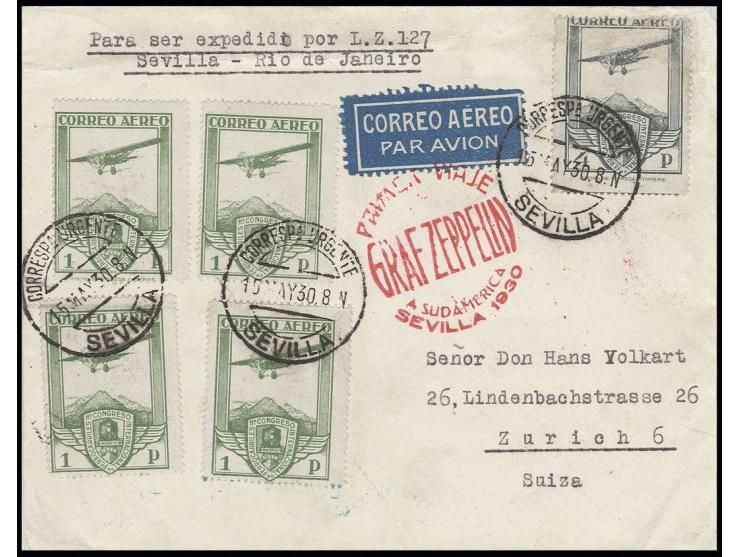 Flugpostausgabe 1 Pta. grün (4) und 4 Pta. grau (etwas fehlerhaft) auf Brief der Zeppelin-Südamerikafahrt bis Lakehurst, adre
