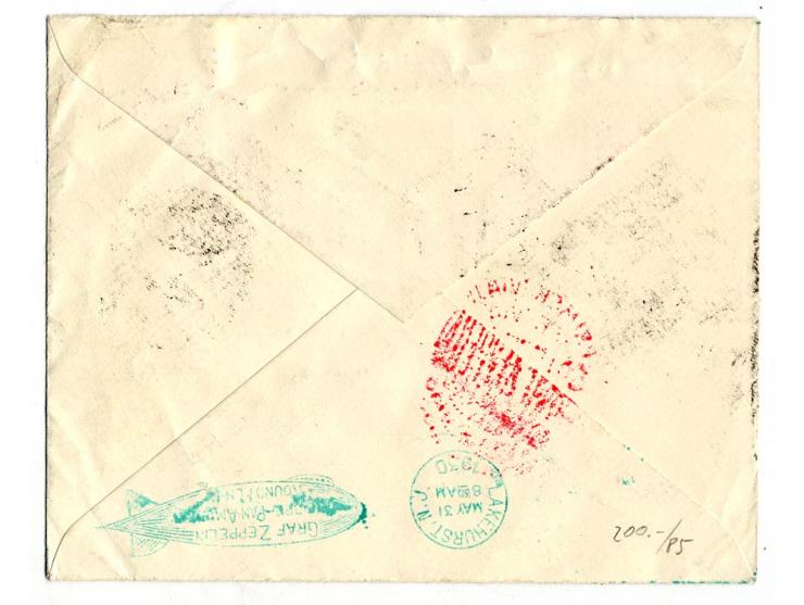 Flugpostausgabe 1 Pta. grün (4) und 4 Pta. grau (etwas fehlerhaft) auf Brief der Zeppelin-Südamerikafahrt bis Lakehurst, adre