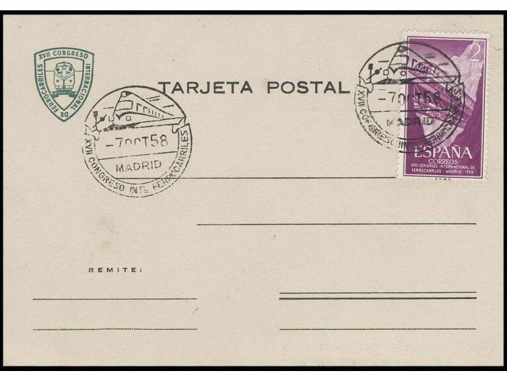 1958, 17. Eisenbahnkongreß, Sondermarke 2 Pta. mit Sonderstempel auf Sonderkarte, dazu 6 weitere Belege zu Eisenbahn-Ereignis