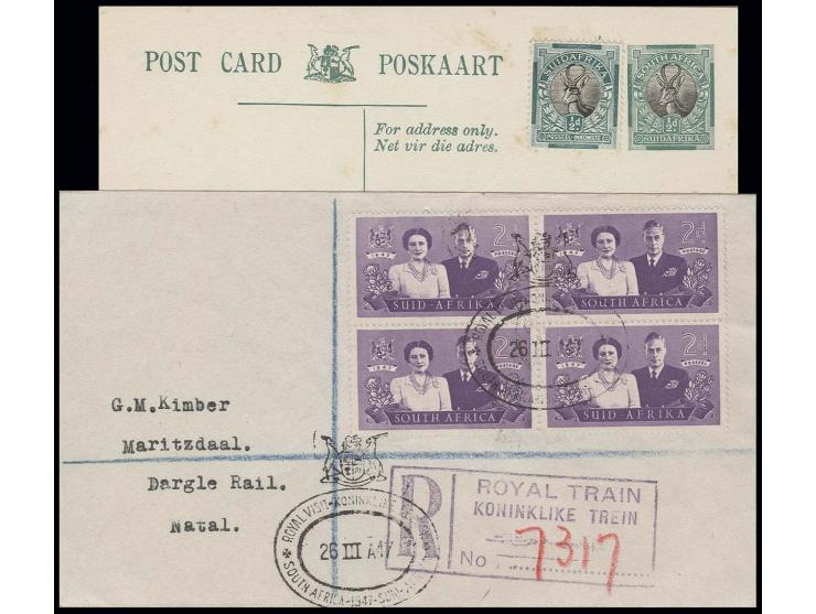 1947, R-Brief mit Sonderstempel und Sonder-R-Stempel "ROYAL TRAIN" nach Natal, dazu Bild-Ganzsachenkarte "Railway Line near V