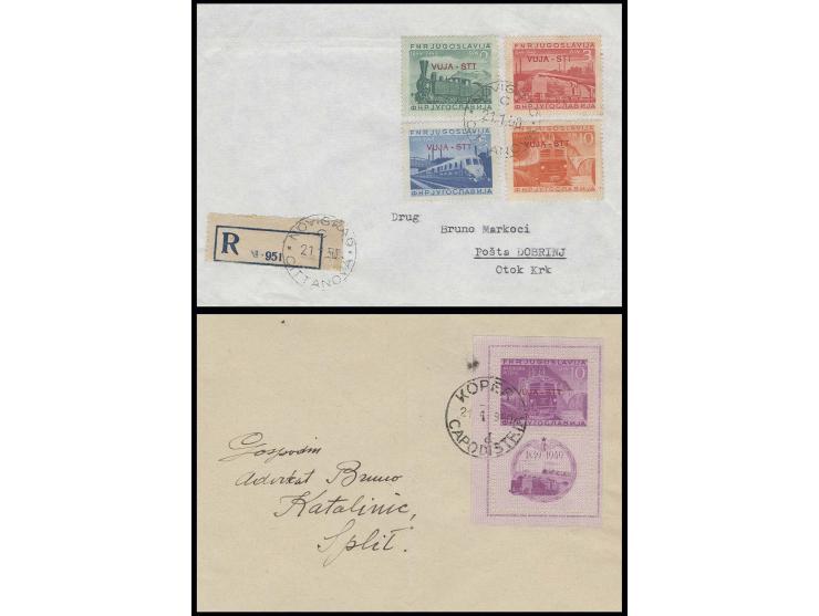 1950, 100 Jahre Eisenbahn, kpl. Satz auf R-FDC mit Ankunftsstempel sowie gezähnter Block auf adressiertem FDC (senkrecht gefa