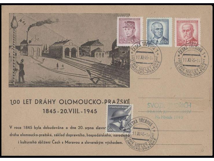 1945, 100 Jahre Eisenbahn Olmütz-Prag, 8 Briefe und 1 Briefstück mit Sonderstempeln, dabei 3 R-Briefe
