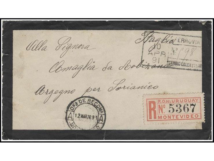 1889, 25 C. rotbraun rückseitig auf R-Brief nach Italien mit vorderseitigem Übernahme-R-Stempel der Bahnpost