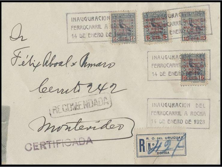 1928, Eröffnung der Eisenbahnlinie San Carlos-Rocha, Sonderausgabe kpl. mit Sonderstempel auf R-Brief nach Montevideo, links 