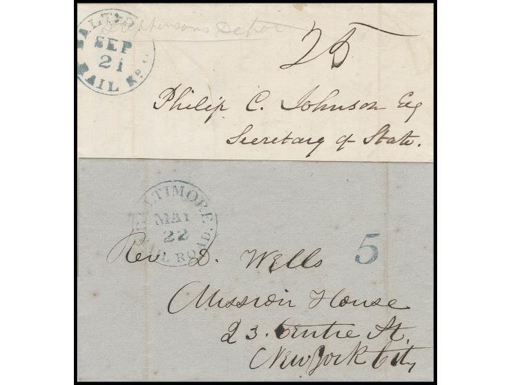1843/49, "BALT. & OHIO RAILRD." und "BALTIMORE RAILROAD", beide in blau auf 2 Briefen nach Maine bzw. New York, letzterer mit