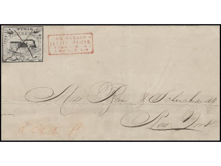 1844, Lokalpost W. Wyman, Boston, Marke 5 C. schwarz mit Federzugentwertung auf Brief mit nebengesetztem roten Ra. "A.M. WYMA