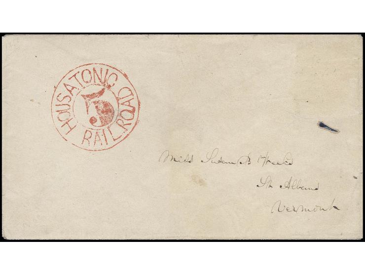 1847, "HOUSATONIC RAILROAD / 5", DKr. in rot auf kleinem Briefkuvert nach Vermont, selten (ASCC Rating A)