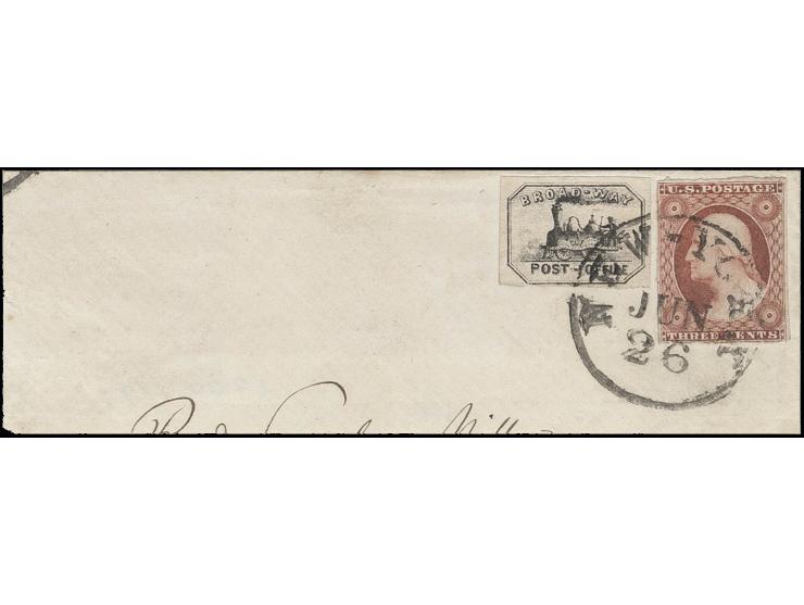 1851, Lokalpostmarke des Broadway Post Office 1 C. schwarz, voll- bis breitrandig neben US-Post-Marke 1851, 3 C. mit über bei