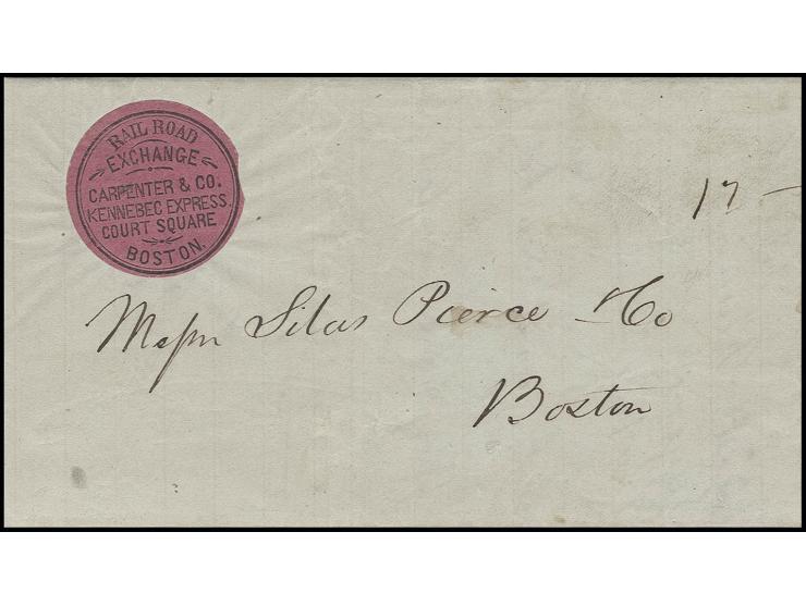1851, "RAIL ROAD EXCHANGE CARPENTER & CO....BOSTON", Etikett in schwarz auf rot auf kpl. Brief