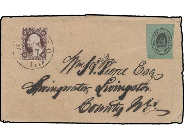 1855, Privatpost Bronson & Forbes' City Express Post, Chicago, Marke schwarz auf grün unentwertet auf Briefkuvert mit US-Post
